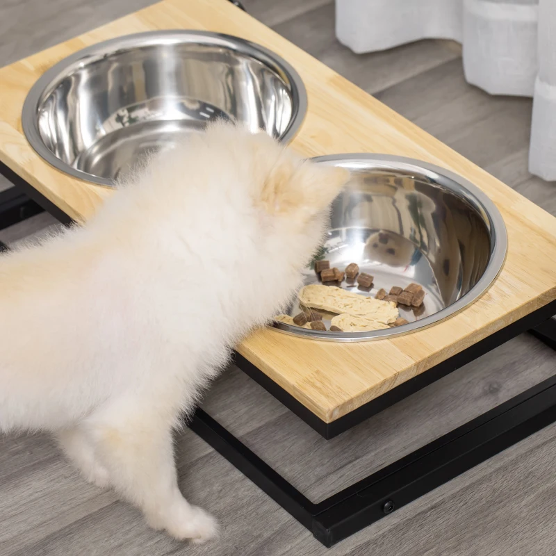 PawHut Elevated Dog Bowls Feeder with Stainless Steel Set, Twin Raised Adjustable Pet Food Platform for Medium, Large Dogs, Natural