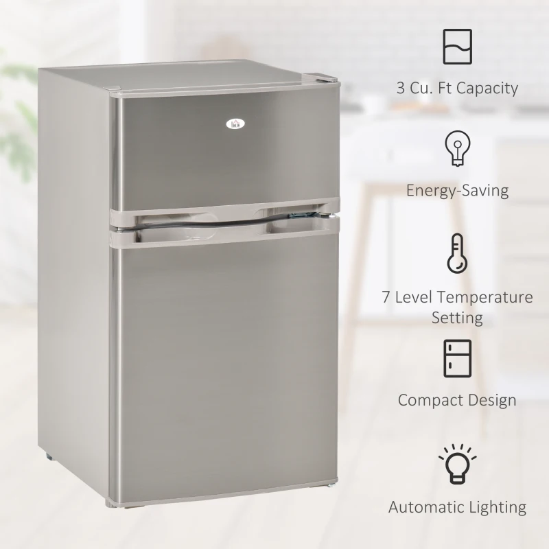 HOMCOM Mini Fridge with Freezer Compact Refrigerator 3 Cu Ft with 2 Doors Adjustable Temperature Removable Glass Shelves and Reversible Door for Office Motor Home Dormitory Apartment Bedroom Silver