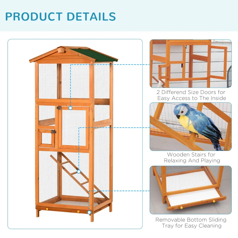 PawHut 65" Outdoor Wooden Birdcage Aviary with Pull Out Tray 2 Doors, Orange