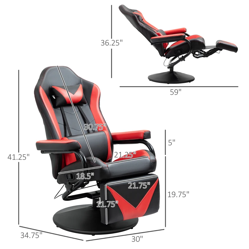 HOMCOM Gaming Recliner, Racing Style Video Gaming Chair with Adjustable Backrest and Footrest, High Back 360 Degree Swivel Computer Chair with Lumbar Support and Headrest, Red