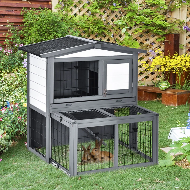 PawHut Wooden 2 Story Rabbit Hutch Bunny Cage with Slide-Out Run, Openable Roof, Lockable Doors, Ramp and No Leak Tray for Outdoor, Grey, and White