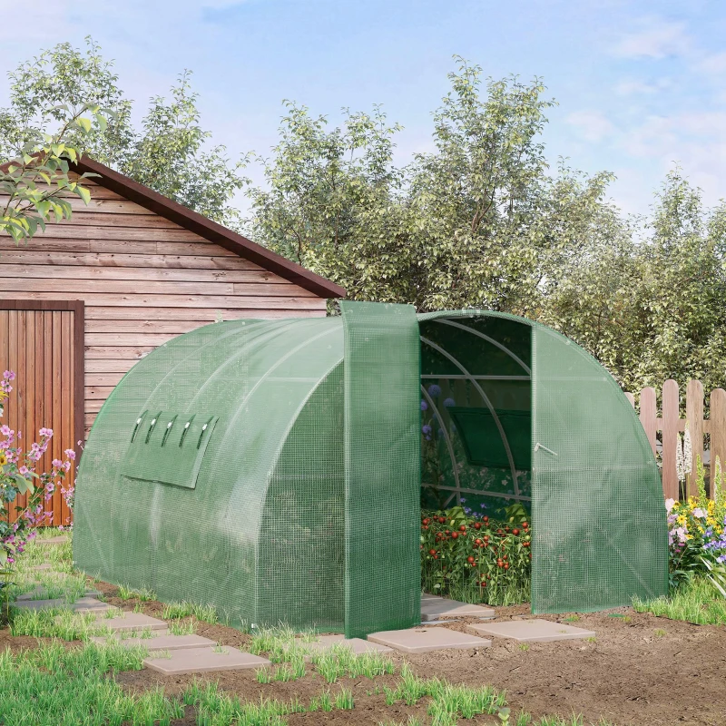Outsunny 13' x 10' x 7' Large Walk-in Tunnel Greenhouse, Portable Garden Planting Hot House with PE Cover, Green