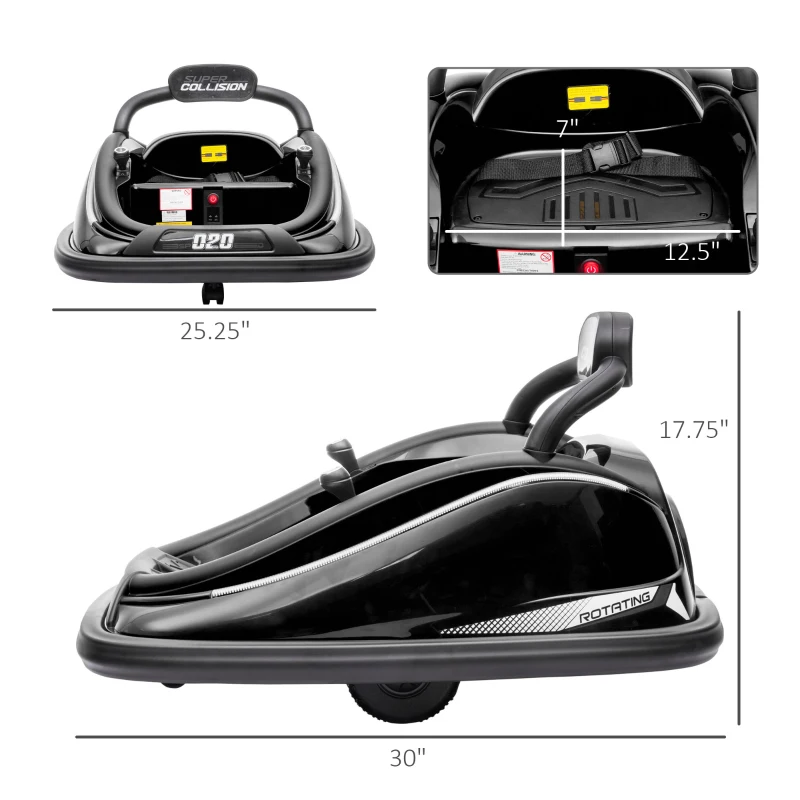 Aosom 12V Kids Bumper Car Twins Motor with Parent Remote Control, Safety Belt, Lights, 360° Rotation, Black