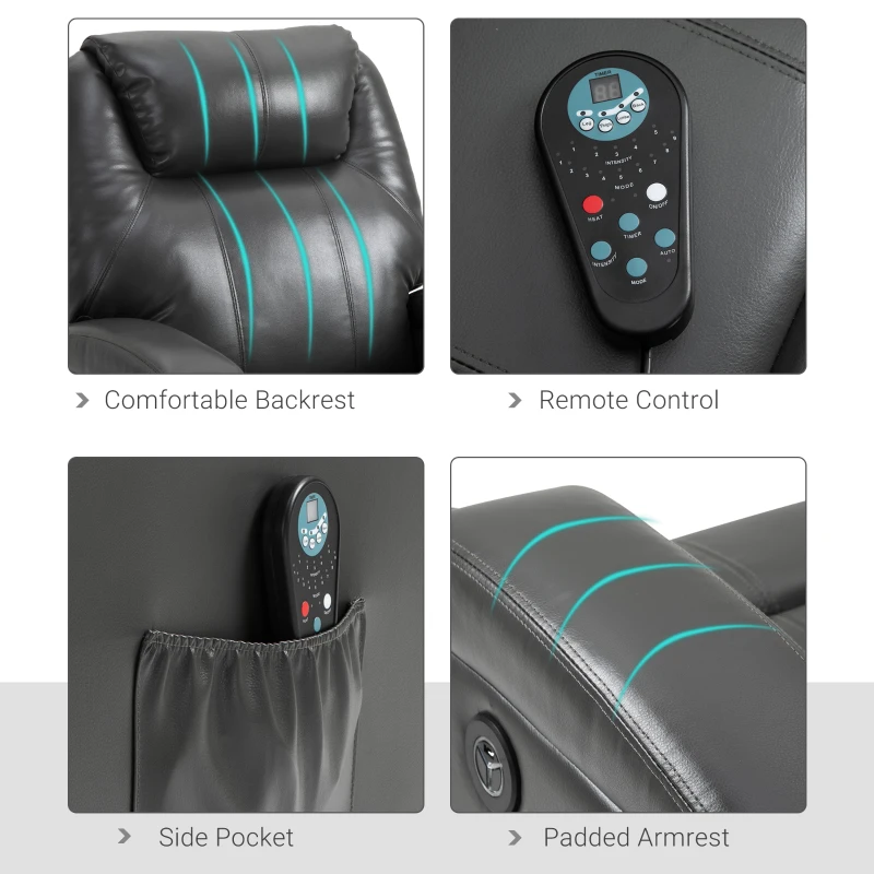 HOMCOM Multi-Pressure-Level Massage Chair with USB Charger, Back and Lumbar Support, Thick Armrests, Faux Leather Recliner Chair, 8-Point Massage Recliner, Charcoal Gray