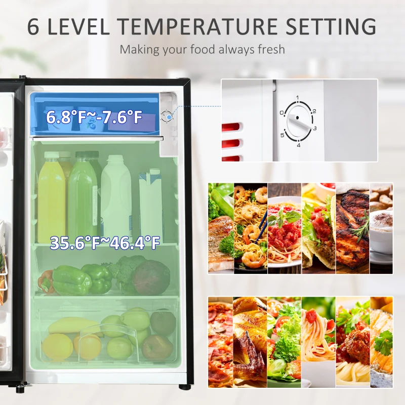 HOMCOM Mini Fridge with Freezer, Compact Mini Refrigerator with 3.3Cu Ft Capacity, Adjustable Shelves and Temperature and Reversible Door for Bedroom, Black/Silver