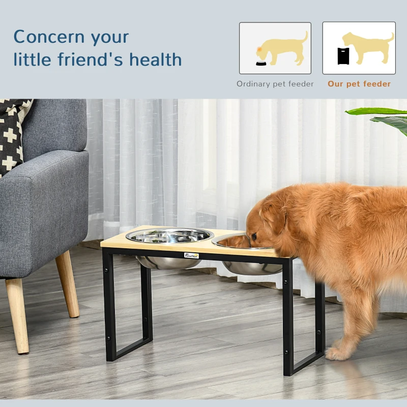 PawHut Elevated Dog Bowls with Stand, Raised Dog Feeder for Large Sized Dogs, Natural