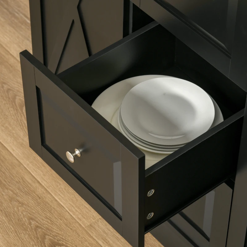 HOMCOM Farmhouse Mobile Kitchen Island Utility Cart on Wheels with Barn Door Style Cabinets, Drawers - Black