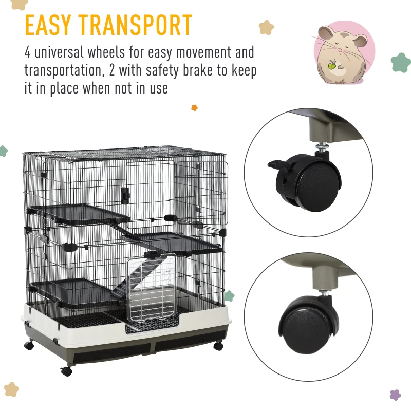 PawHut 43" Small Animal Cage with Wheels, 4-Level Portable Bunny Cage, Chinchilla Ferret Cage with Removable Tray, Platform and Ramp