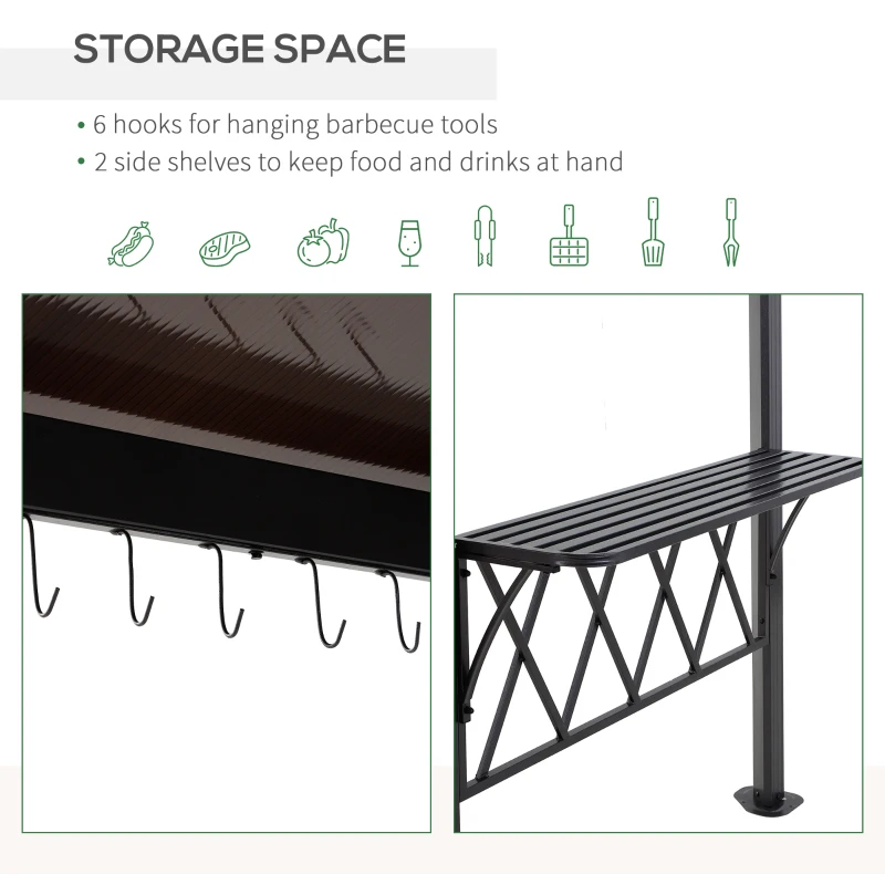 Outsunny Outside Porch BBQ Cooking Pergola Canopy w/ 6 Hooks for Utensils & Double Venting Roof
