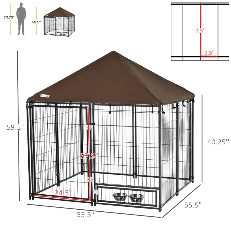 PawHut Outdoor Dog Kennel, Puppy Play Pen with Canopy Garden Playpen Fence Crate, Enclosure Cage w/ Rotating Bowl, 55.5" x 55.5" x 48", Black