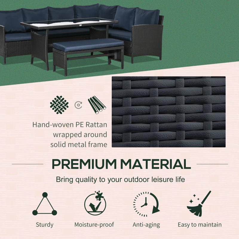 Outsunny 4 Pieces Patio Wicker Dining Sets, Outdoor PE Rattan Sectional Conversation Set with Cushions & Dining Table, Bench for Garden, Backyard, Lawn, Navy Blue
