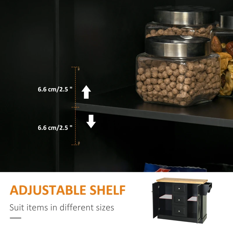 HOMCOM Farmhouse Mobile Kitchen Island Utility Cart on Wheels with Barn Door Style Cabinets, Drawers - Black