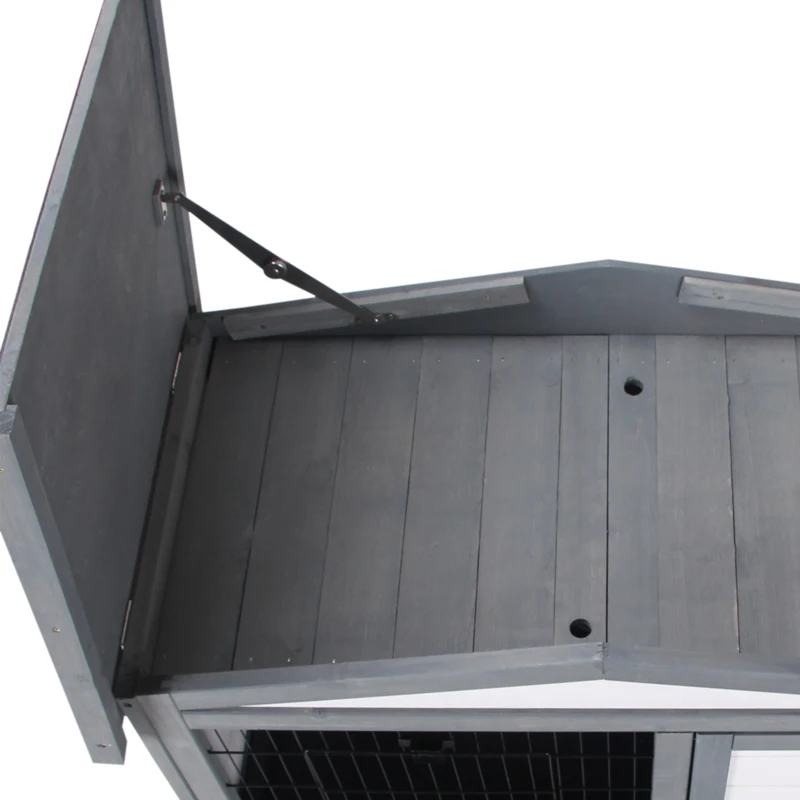 PawHut Wooden 2 Story Rabbit Hutch Bunny Cage with Slide-Out Run, Openable Roof, Lockable Doors, Ramp and No Leak Tray for Outdoor, Grey, and White