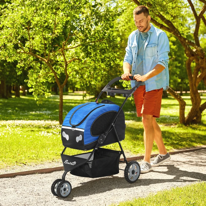 PawHut Foldable Pet Stroller, 5-In-1 Dog Cat Travel Carriage, Carrying Shoulder, Bag Backpack, Stroller, Luggage with Universal Wheel, Canopy, Basket, Cup Holder, Blue