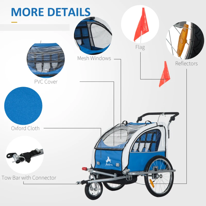 Aosom Elite 360 Swivel Double Child Two-Wheel Bicycle Cargo Trailer With 2 Security Harnesses, Blue