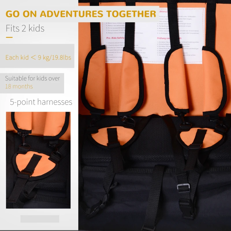 Aosom 2-Seat Kids Bicycle Trailer 55lbs Steel w/ Water Resistant Carrier Windows - Black and Orange