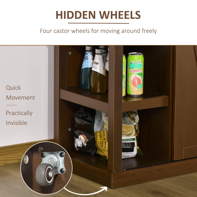HOMCOM 53" Rolling Kitchen Island with Storage Shelves, Utility Kitchen Trolley Rolling Cart on Wheels with Sliding Barn Doors, Wine Rack and Towel Holders, Walnut