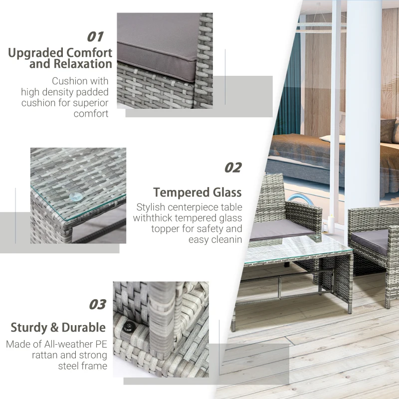 Outsunny 4pcs Wicker Outdoor Patio Furniture Set with Sofa and 2 Chairs, Rattan Conversation Sets with Soft Cushions, 1 Tempered Glass Table-Top Center Coffee Table for Backyard, Garden, Light Grey