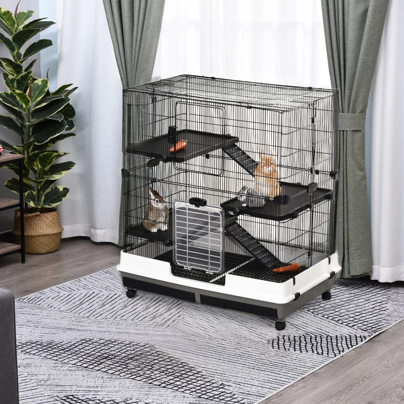 PawHut 43" Small Animal Cage with Wheels, 4-Level Portable Bunny Cage, Chinchilla Ferret Cage with Removable Tray, Platform and Ramp
