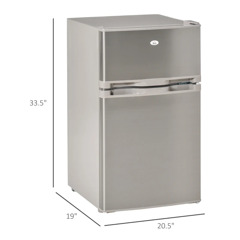 HOMCOM Mini Fridge with Freezer Compact Refrigerator 3 Cu Ft with 2 Doors Adjustable Temperature Removable Glass Shelves and Reversible Door for Office Motor Home Dormitory Apartment Bedroom Silver