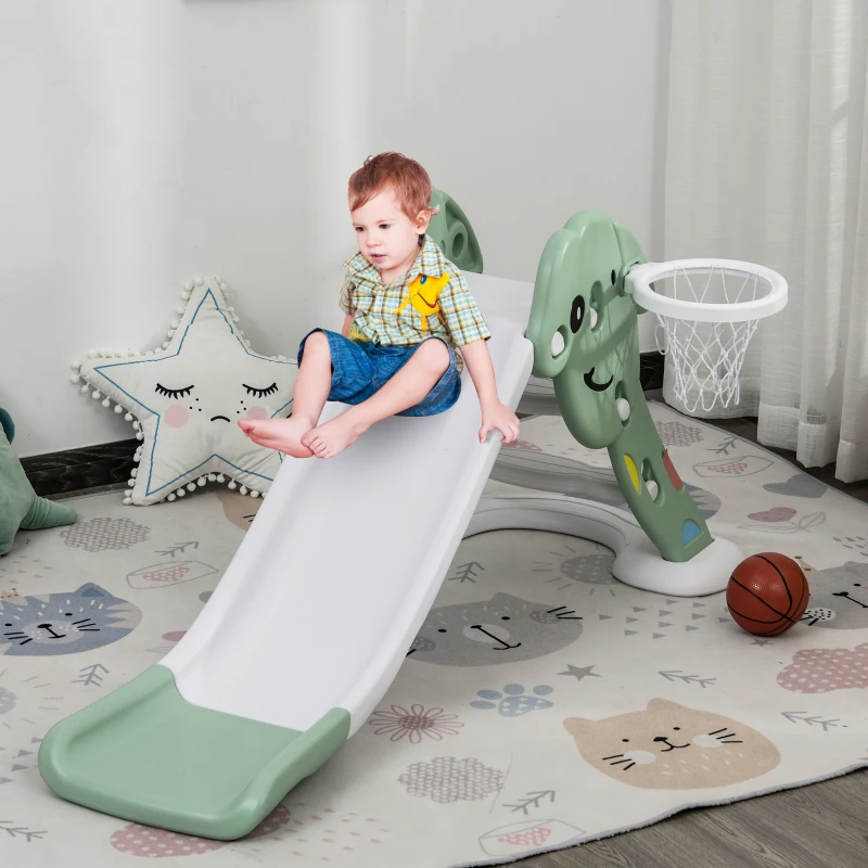 Qaba kids Slide for Indoor and Outdoor, Toddler Freestanding Slide Climber Toy for 18-48 Months Basketball Hoop, Ball and Inflator, Green