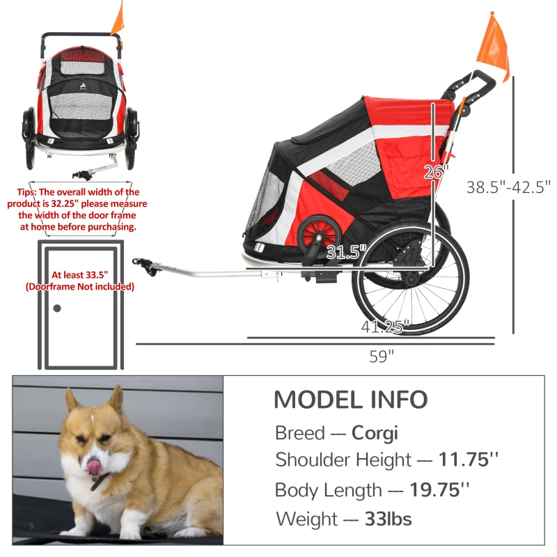 Aosom 2-in-1 Travel Dog Stroller, Small Pet Bicycle Cart Carrier with Safety Leash, and Easy Fold Design, Red