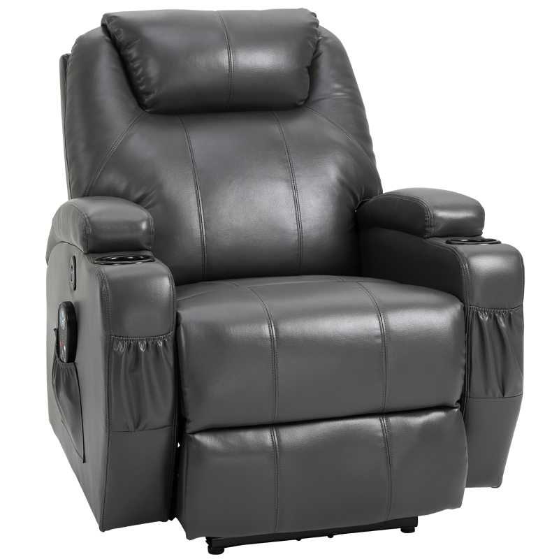HOMCOM Electric Power PU leather Massage Recliner Chair w/ 8-Point Vibration Waist Heating, USB Port, Dark Grey