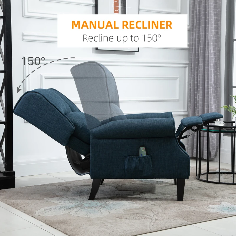 HOMCOM Wingback Heated Vibrating Accent Sofa, Vintage Upholstered Massage Recliner Chair Push-back with Remote Controller, Blue