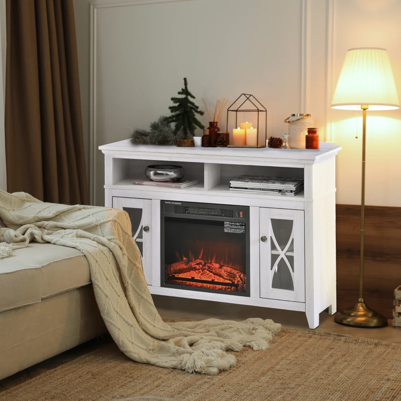 HOMCOM Electric Fireplace TV Stand for 50", Media Console Center Cabinet with 2 Shelves and 2 Cabinets with Adjustable Shelves for Corner, Distressed White