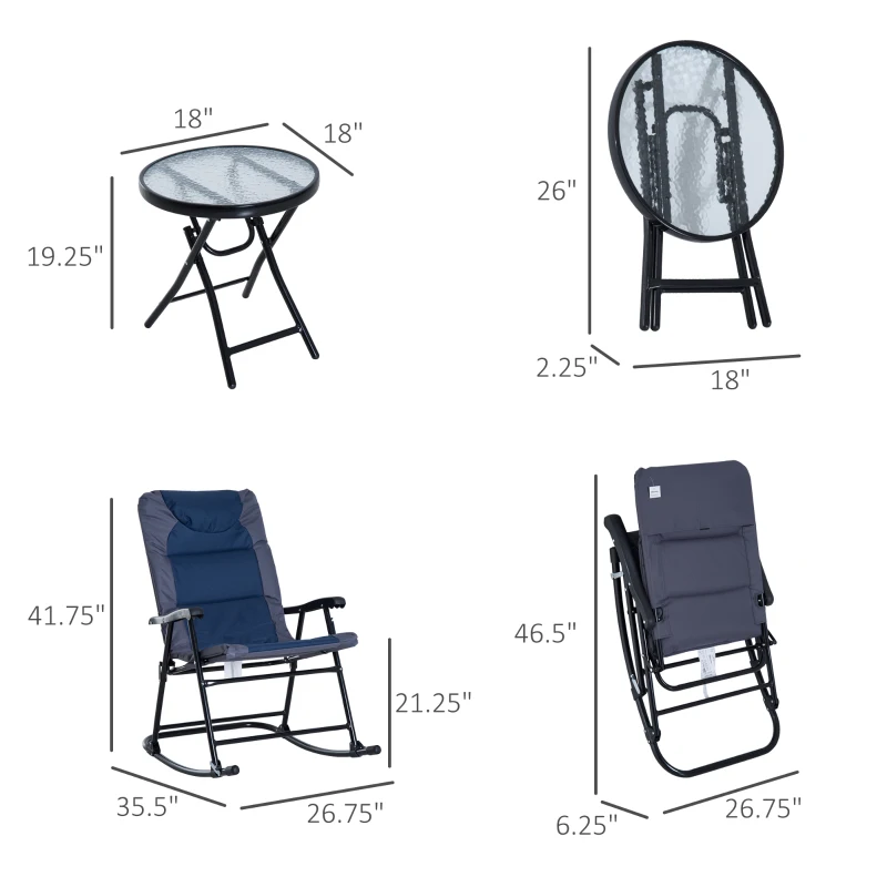 Outsunny 3 Piece Outdoor Folding Rocking Chair and Table Set - Blue and Gray