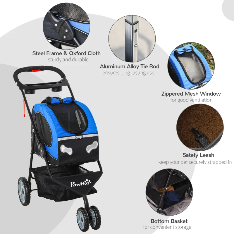 PawHut Foldable Pet Stroller, 5-In-1 Dog Cat Travel Carriage, Carrying Shoulder, Bag Backpack, Stroller, Luggage with Universal Wheel, Canopy, Basket, Cup Holder, Blue
