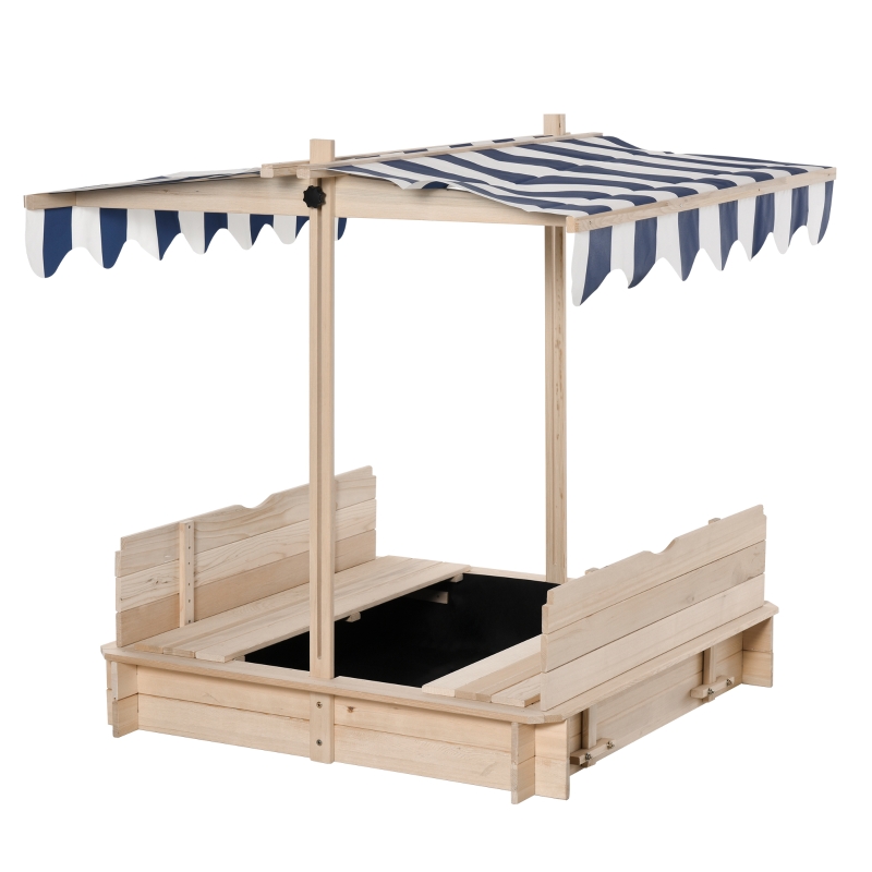 Outsunny Wooden Kids Sandbox w/ Cover Adjustable Canopy Convertible Bench Seat Bottom Liner