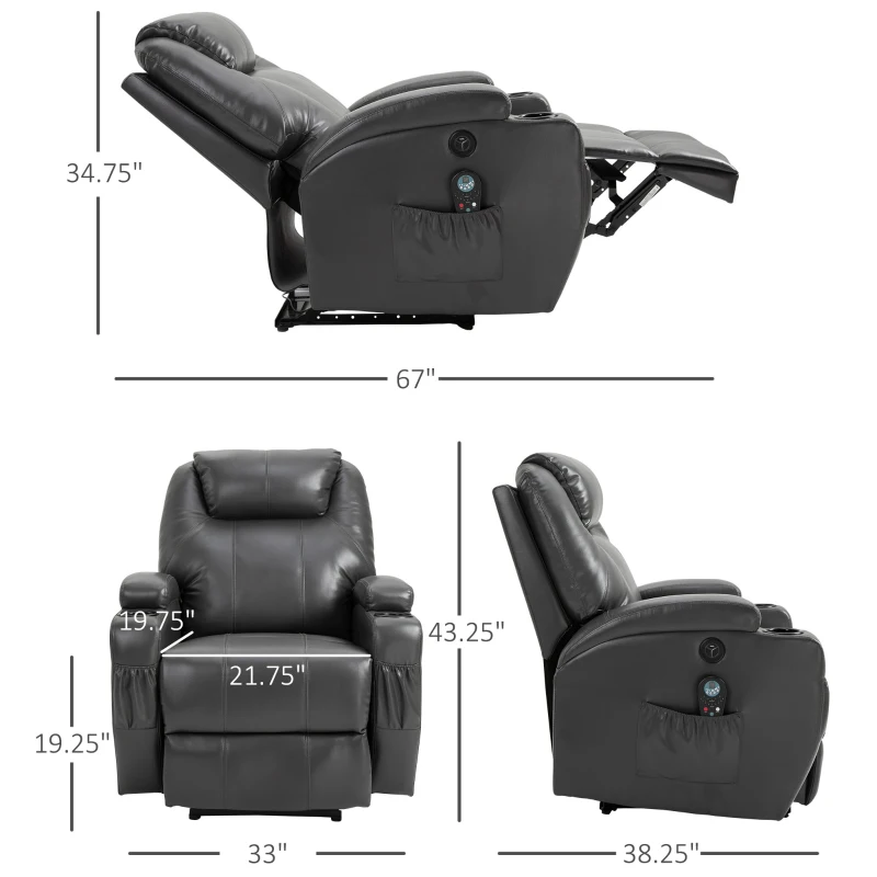 HOMCOM Multi-Pressure-Level Massage Chair with USB Charger, Back and Lumbar Support, Thick Armrests, Faux Leather Recliner Chair, 8-Point Massage Recliner, Charcoal Gray