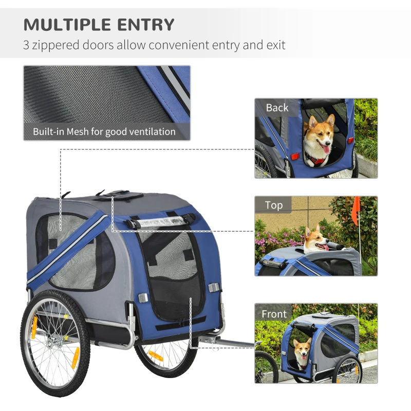 Aosom Bike Trailer Cargo Cart for Dogs and Pets with 3 Entrances Large Wheels for Off-Road & Mesh Screen, Blue/Gray