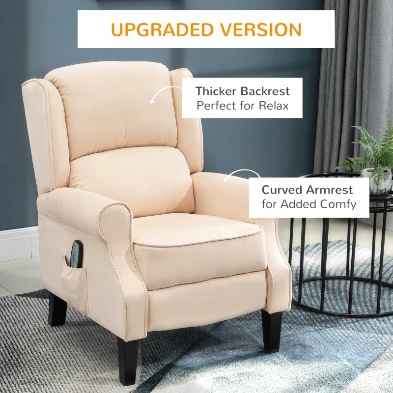 HOMCOM Vibration Massage Recliner Chair for Living Room with Heat,  Wingback Single Sofa, Modern Suede Fabric Push Back Reclining Chair with Footrest, Side Pocket, Beige