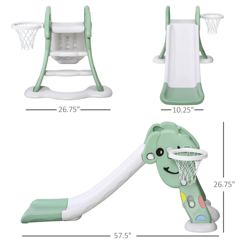 Qaba kids Slide for Indoor and Outdoor, Toddler Freestanding Slide Climber Toy for 18-48 Months Basketball Hoop, Ball and Inflator, Green