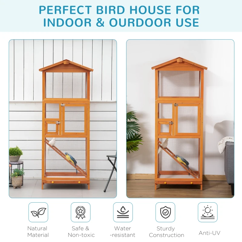 PawHut 65" Outdoor Wooden Birdcage Aviary with Pull Out Tray 2 Doors, Orange