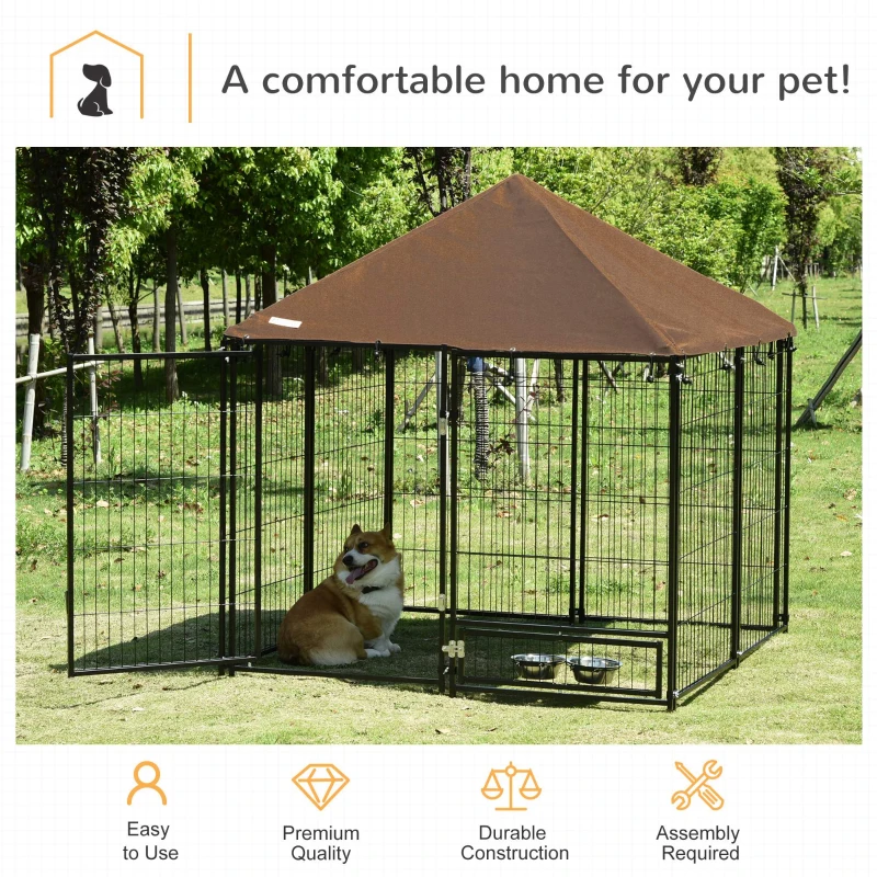 PawHut Outdoor Dog Kennel, Puppy Play Pen with Canopy Garden Playpen Fence Crate, Enclosure Cage w/ Rotating Bowl, 55.5" x 55.5" x 48", Black