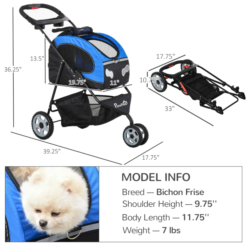 PawHut Foldable Pet Stroller, 5-In-1 Dog Cat Travel Carriage, Carrying Shoulder, Bag Backpack, Stroller, Luggage with Universal Wheel, Canopy, Basket, Cup Holder, Blue