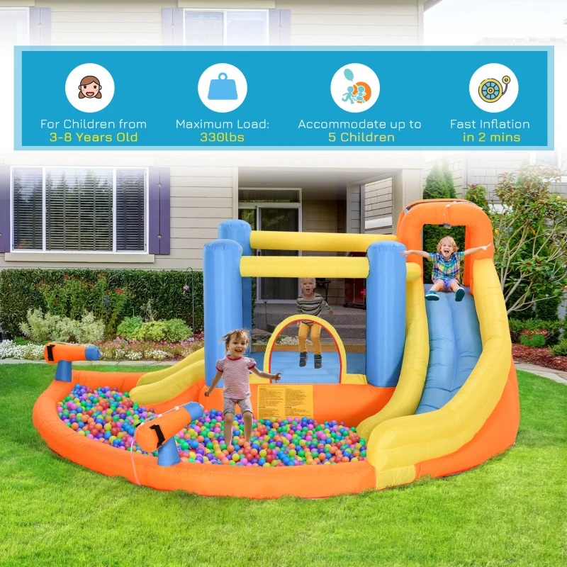 Outsunny 5-in-1 Kids Inflatable Bounce House Jumping Castle with Water Pool, Slide, Climbing Walls & 2 Water Guns