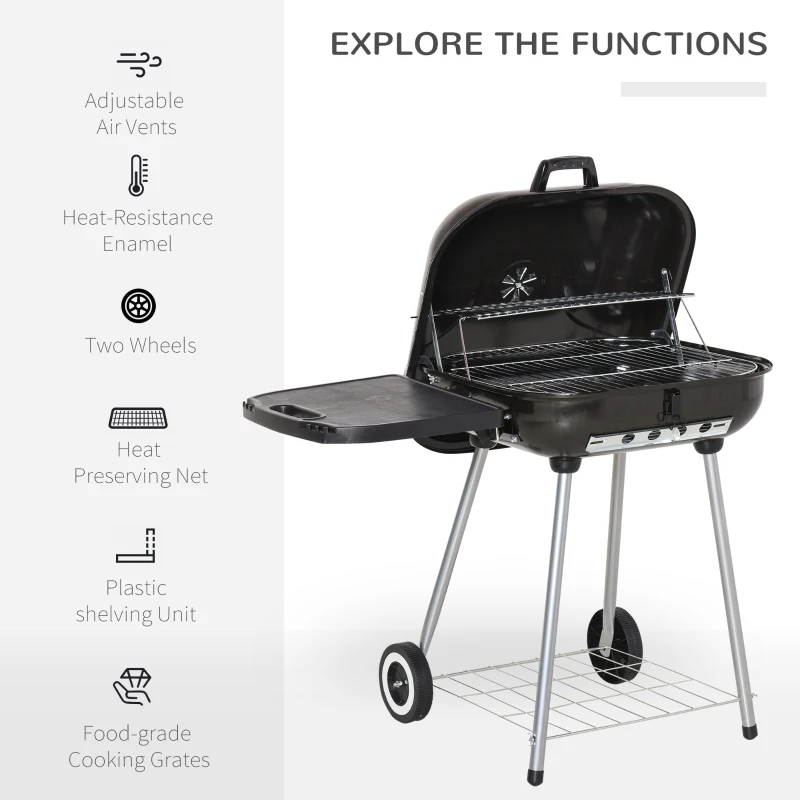 Outsunny 22" Charcoal Barbecue Grill with Portable Wheel, Side Tray and Lower Shelf for Outdoor BBQ for Garden, Backyard, Poolside