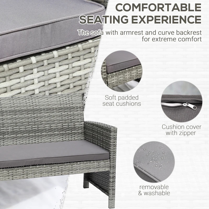Outsunny 4pcs Wicker Outdoor Patio Furniture Set with Sofa and 2 Chairs, Rattan Conversation Sets with Soft Cushions, 1 Tempered Glass Table-Top Center Coffee Table for Backyard, Garden, Light Grey