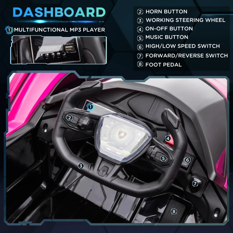 Aosom Kids Ride On Sports Car, 12V Battery Powered Electric Toy w/Parent Remote Control, Bluetooth, Horn, Music & LED Headlights Taillights for 3-6 Years Old Pink