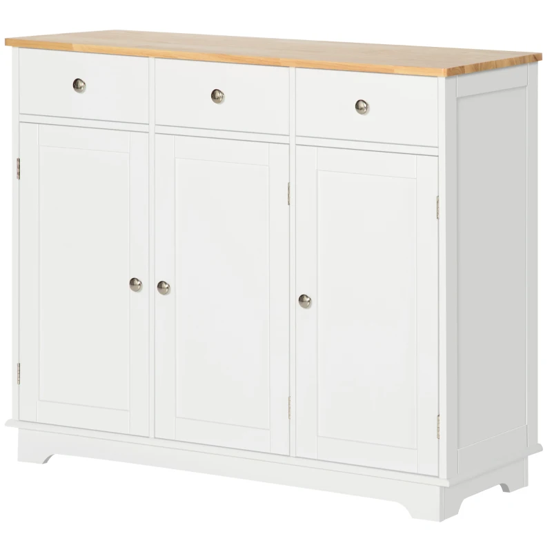 HOMCOM Modern Sideboard with Rubberwood Top, Buffet Cabinet with Storage Cabinets, Drawers and Adjustable Shelves, White