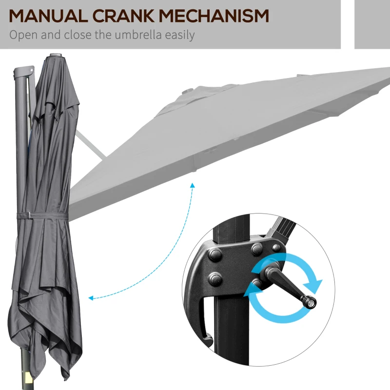 Outsunny 10x10ft Cantilever Umbrella Rotatable Square Top Market Parasol with 4 Adjustable Angle for Backyard Patio Outdoor Area Dark Grey