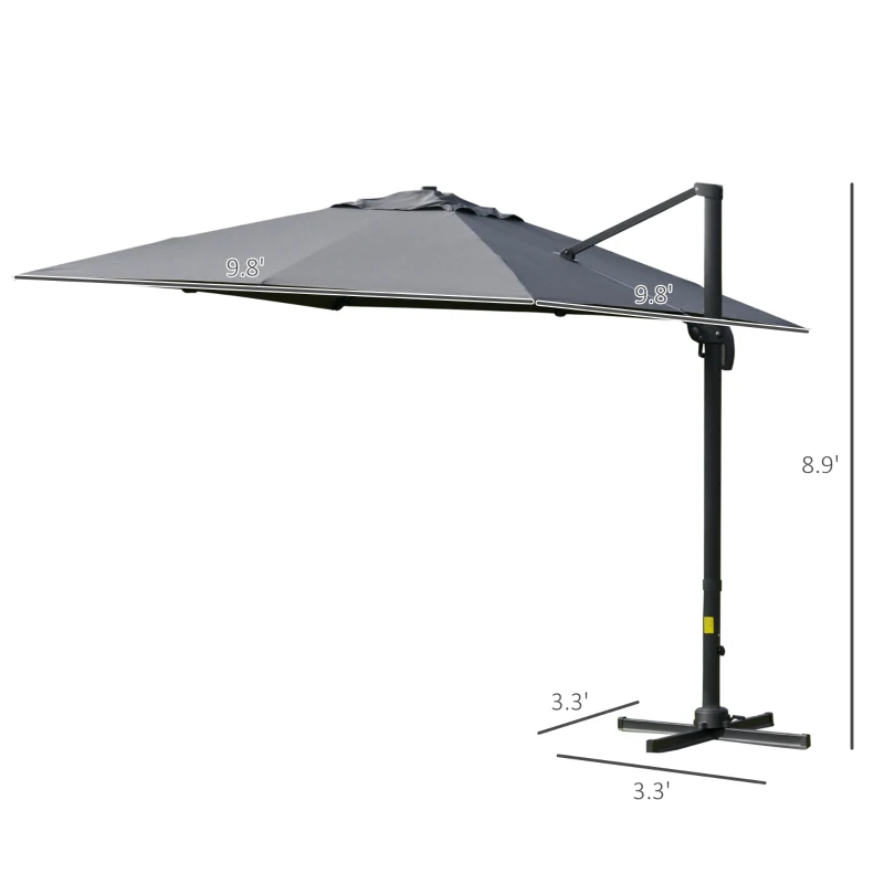 Outsunny 10x10ft Cantilever Umbrella Rotatable Square Top Market Parasol with 4 Adjustable Angle for Backyard Patio Outdoor Area Dark Grey
