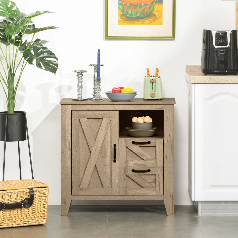 HOMCOM Sideboard, Farmhouse Buffet Cabinet with Storage Open Shelf, 2 Drawers and Open Countertop, Oak Finish