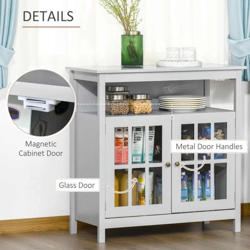 HOMCOM Sideboard Buffet Cabinet with Open Shelf, Glass Doors and Adjustable Shelf, Accent Cabinet for Kitchen, Living Room, Gray