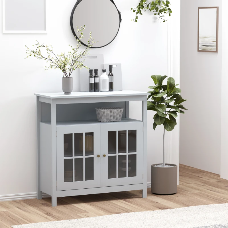 HOMCOM Sideboard Buffet Cabinet with Open Shelf, Glass Doors and Adjustable Shelf, Accent Cabinet for Kitchen, Living Room, Gray