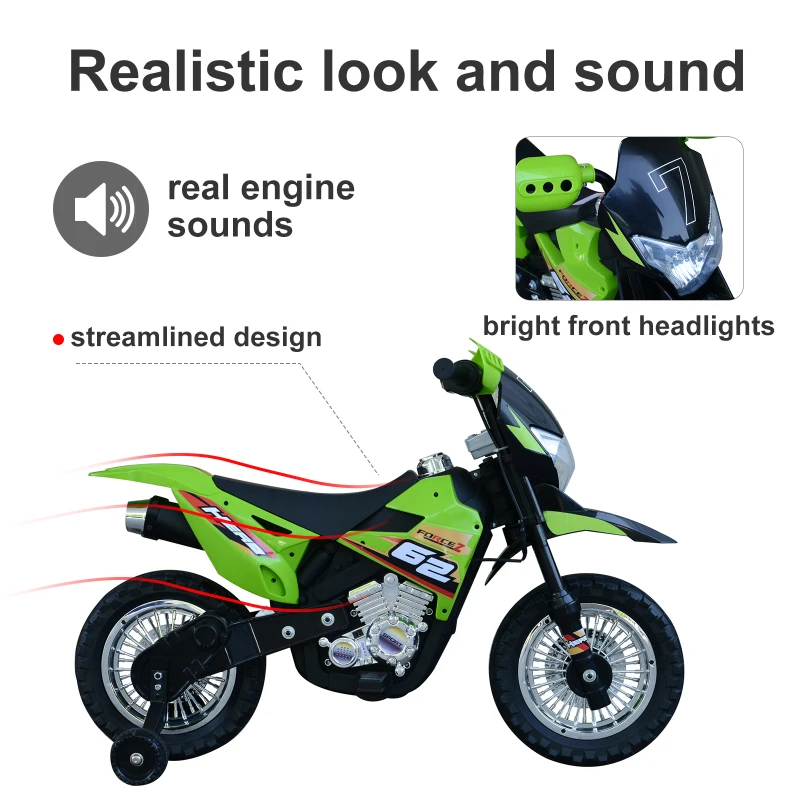 Aosom Cruising Kids Dirt Bike Electric Motorcycle with Charging 6V Battery, Real Driving Sounds, Built-In Music, Green